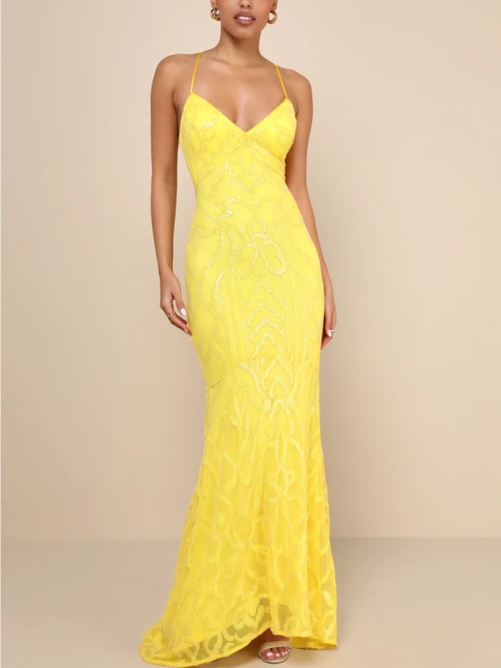 Lulu's Sunny Yellow Beaded Spaghetti-Strap Maxi Dress